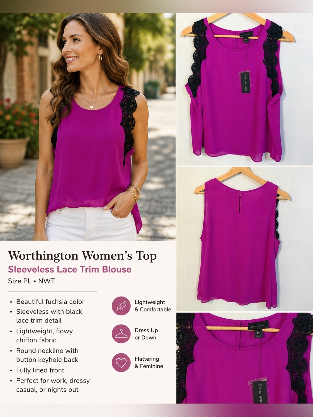 Worthington Sleeveless Lace Trim Blouse Womens PL Purple Magenta Chiffon top NWT